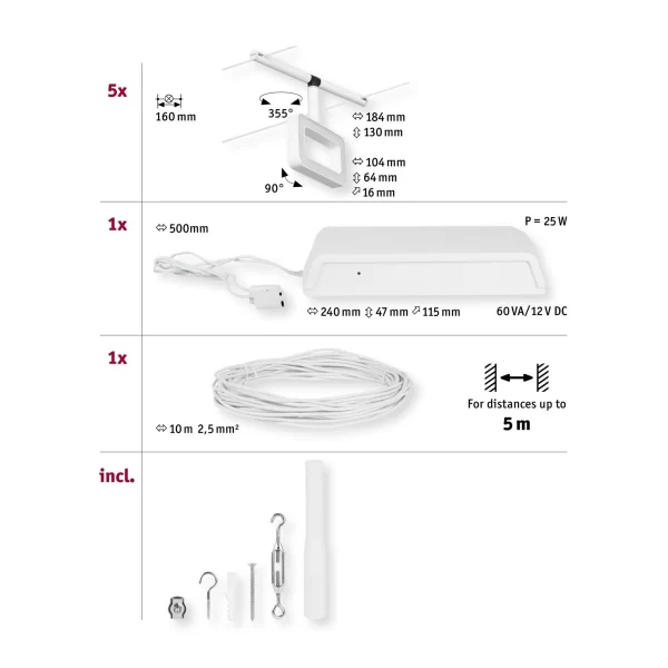 Paulmann CorDuo LED Seilsystem Frame Basisset 5x280lm 5×4,8W 3000K 230/12V Weiß Matt#Chrom 94483 8