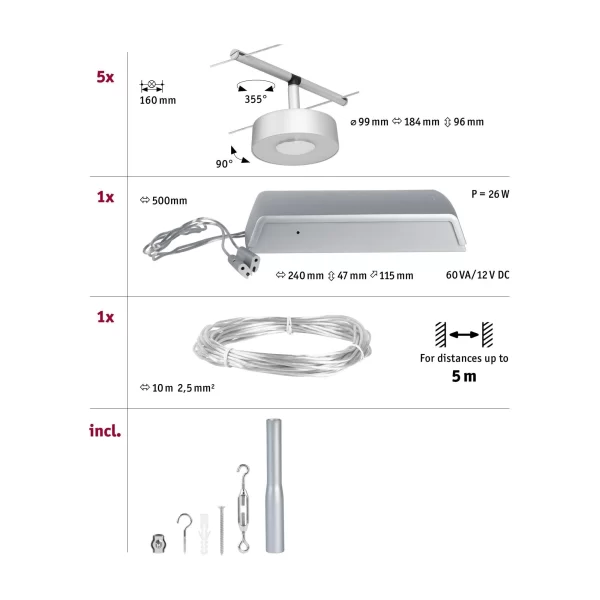 Paulmann CorDuo LED Seilsystem Circle Basisset 5x180lm 5x5W 3000K 230/12V Chrom Matt#Chrom 94475 8